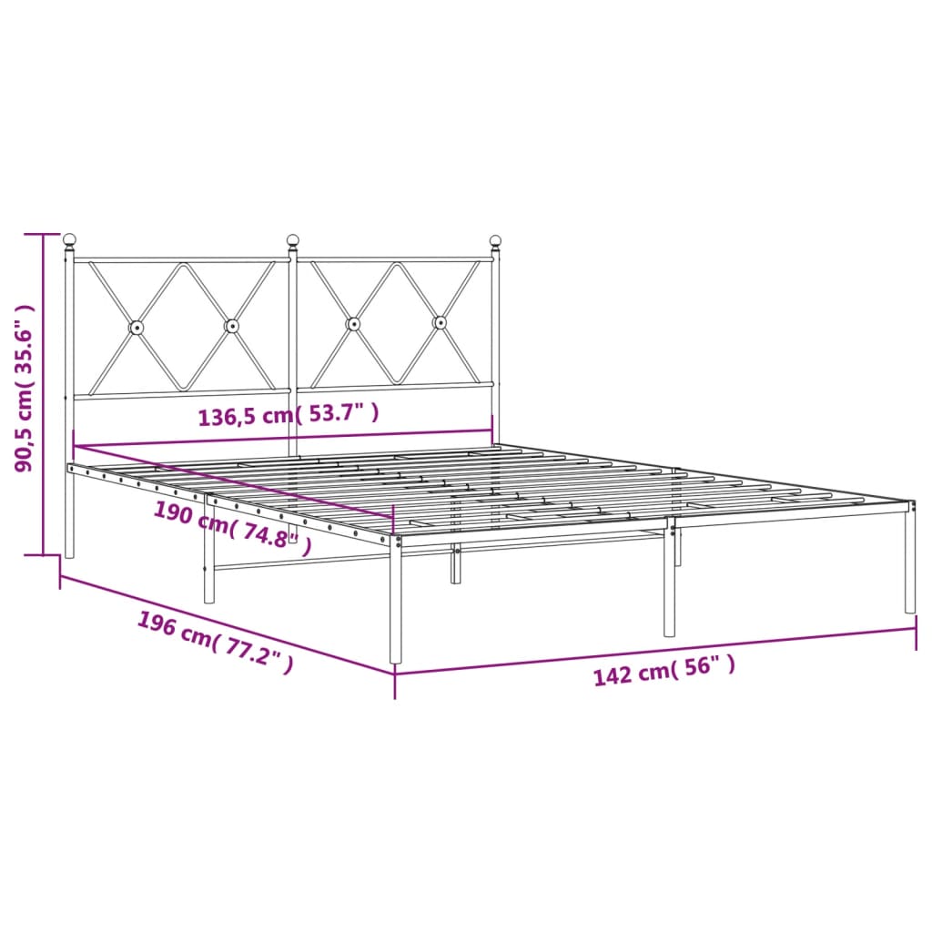 vidaXL Metal Bed Frame without Mattress with Headboard Black 135x190cm