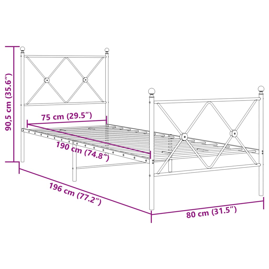 vidaXL Metal Bed Frame without Mattress with Footboard Black 75x190cm