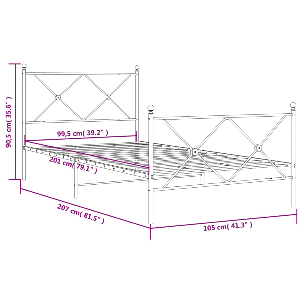 vidaXL Metal Bed Frame without Mattress with Footboard Black 100x200cm