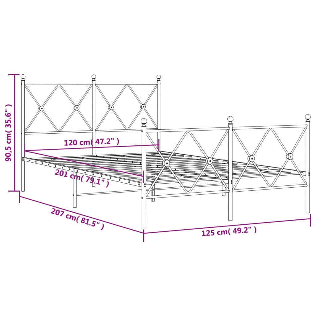 Metal Bed Frame without Mattress with Footboard Black 120x200cm