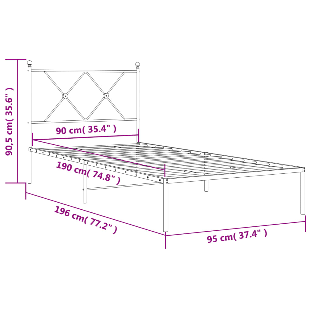 vidaXL Metal Bed Frame without Mattress with Headboard White 90x190cm