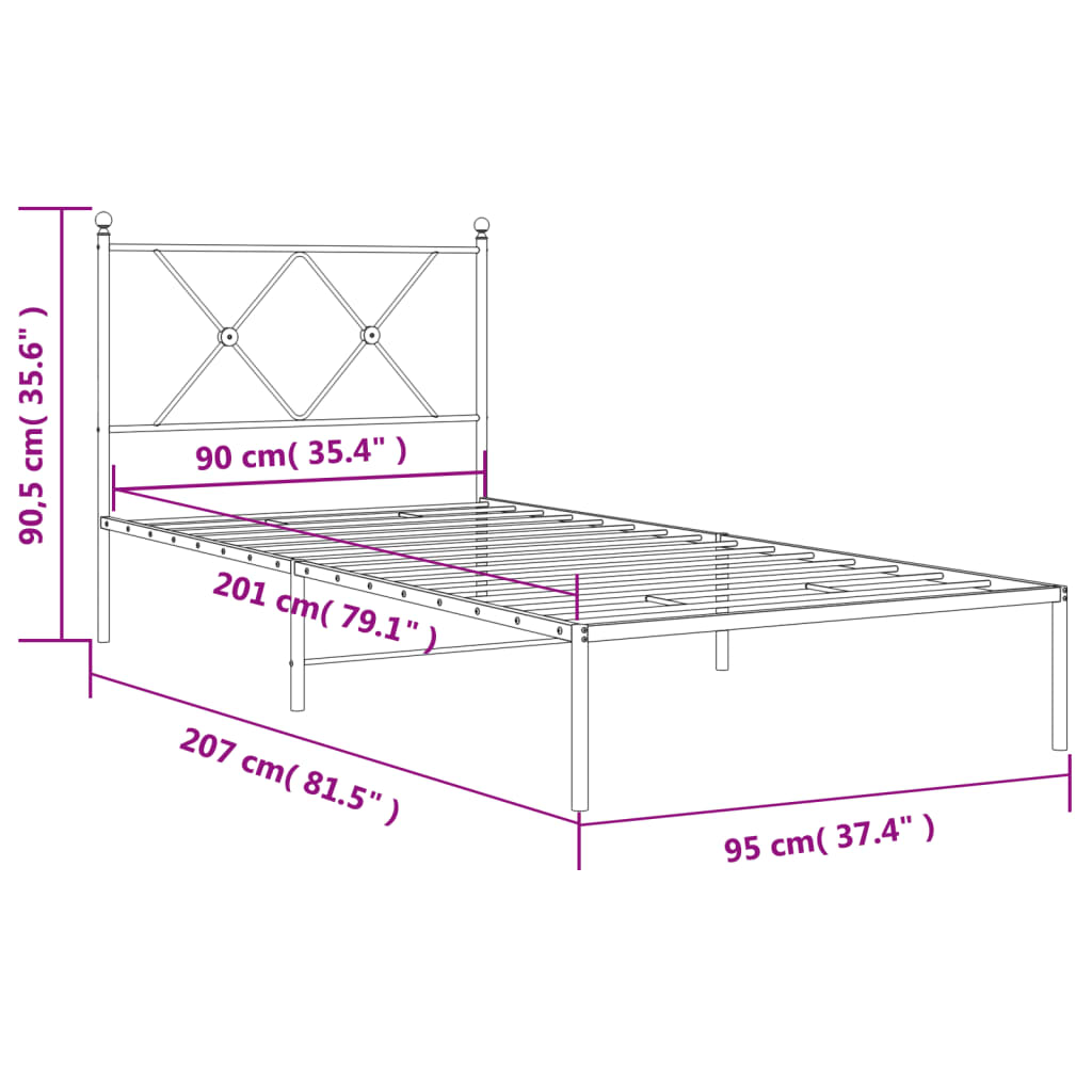 vidaXL Metal Bed Frame without Mattress with Headboard White 90x200cm