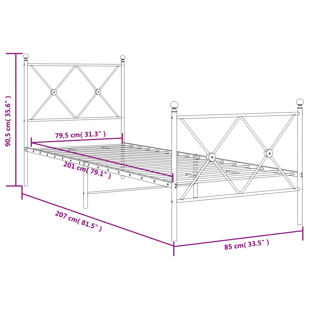 vidaXL Metal Bed Frame without Mattress with Footboard White 80x200cm