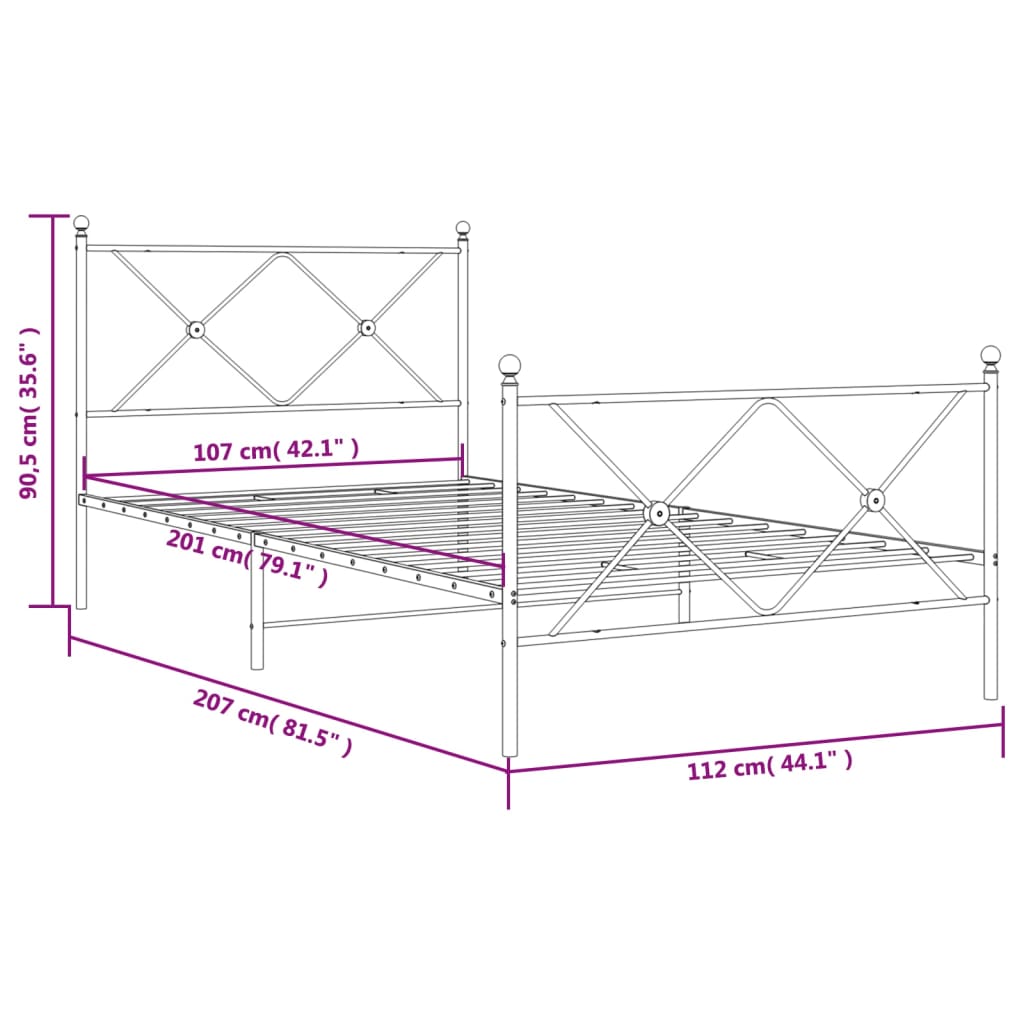 Metal Bed Frame without Mattress with Footboard White 107x203cm