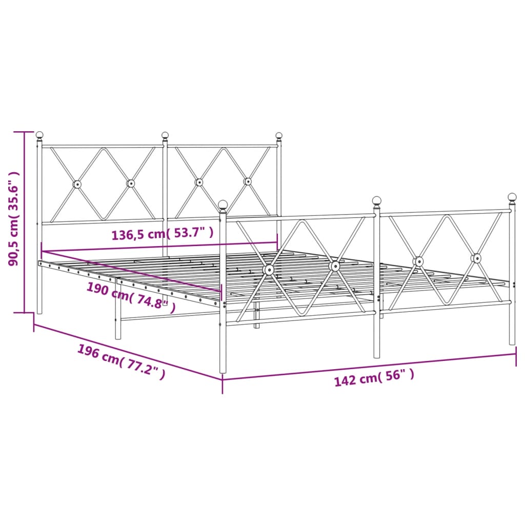 Metal Bed Frame without Mattress with Footboard White 137x190cm