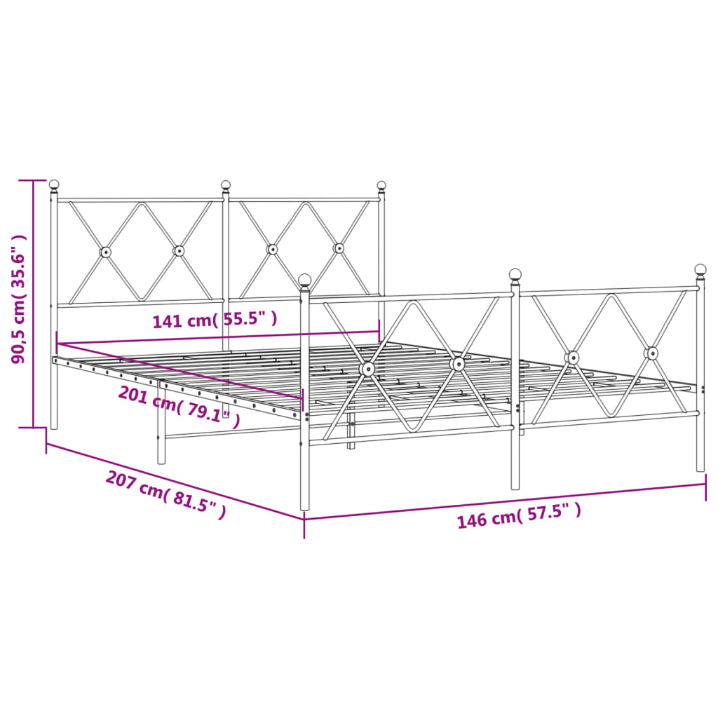 Metal Bed Frame without Mattress with Footboard White 140x200cm