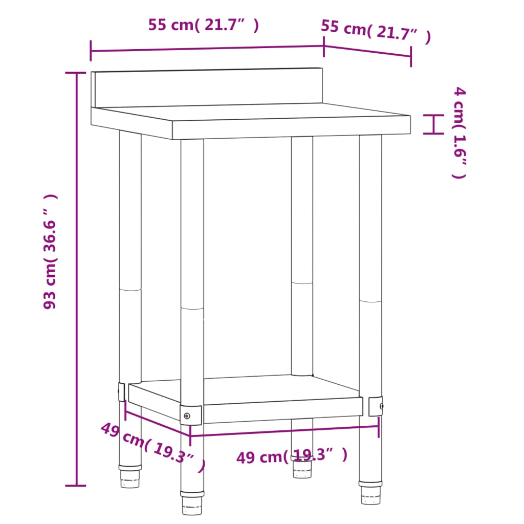 vidaXL Kitchen Work Table with Backsplash 55x55x93 cm Stainless Steel