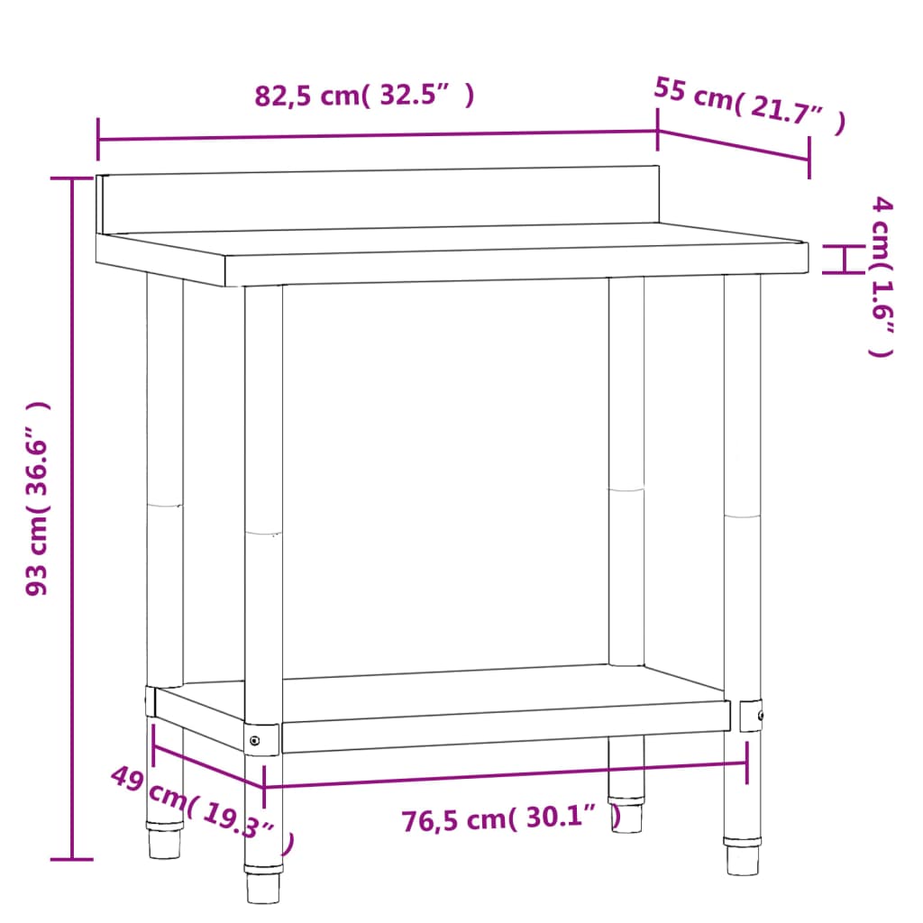 vidaXL Kitchen Work Table with Backsplash 82.5x55x93 cm Stainless Steel