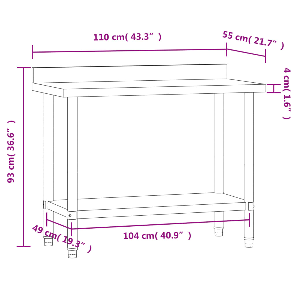 vidaXL Kitchen Work Table with Backsplash 110x55x93 cm Stainless Steel