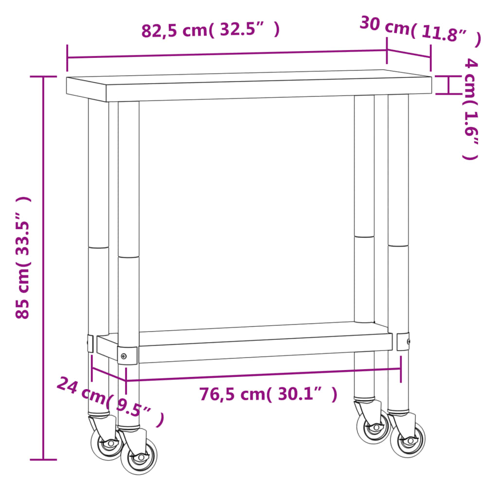 vidaXL Kitchen Work Table with Wheels 82.5x30x85 cm Stainless Steel