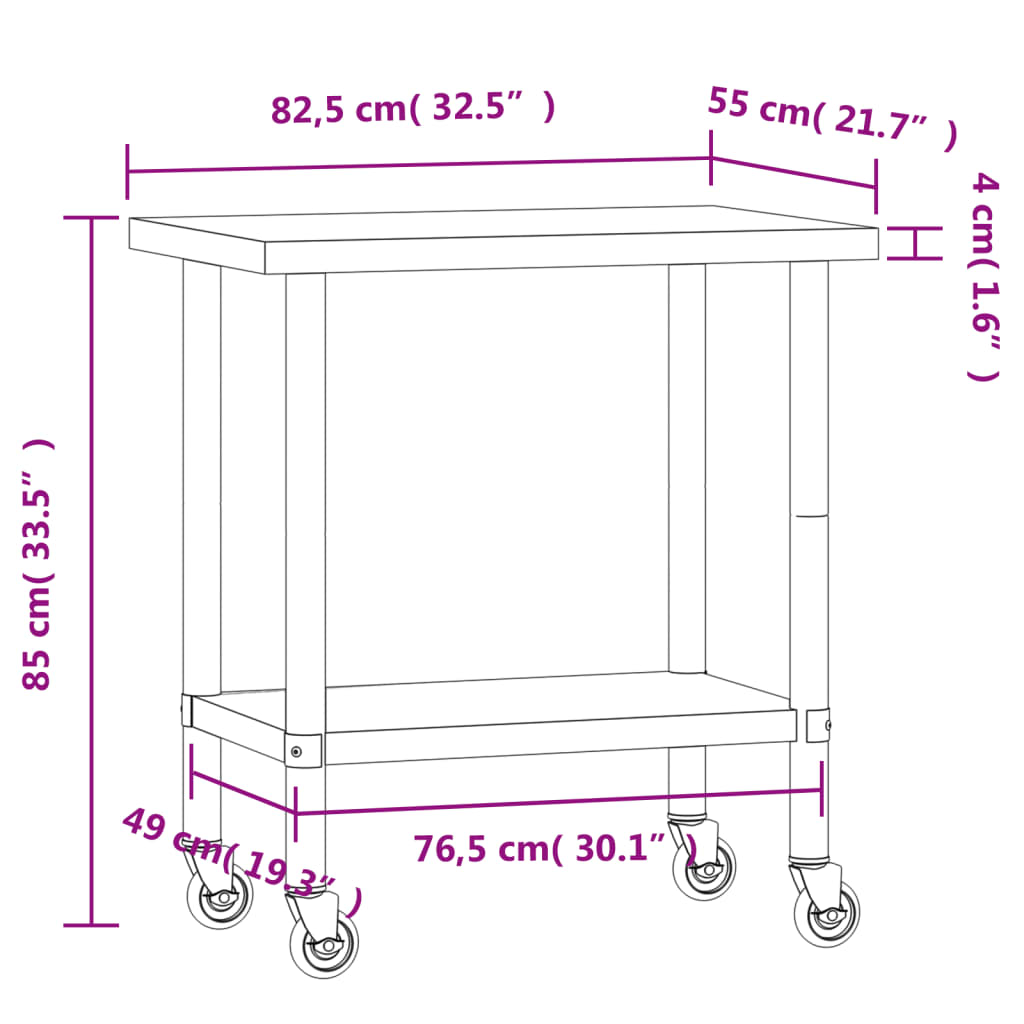 vidaXL Kitchen Work Table with Wheels 82.5x55x85 cm Stainless Steel