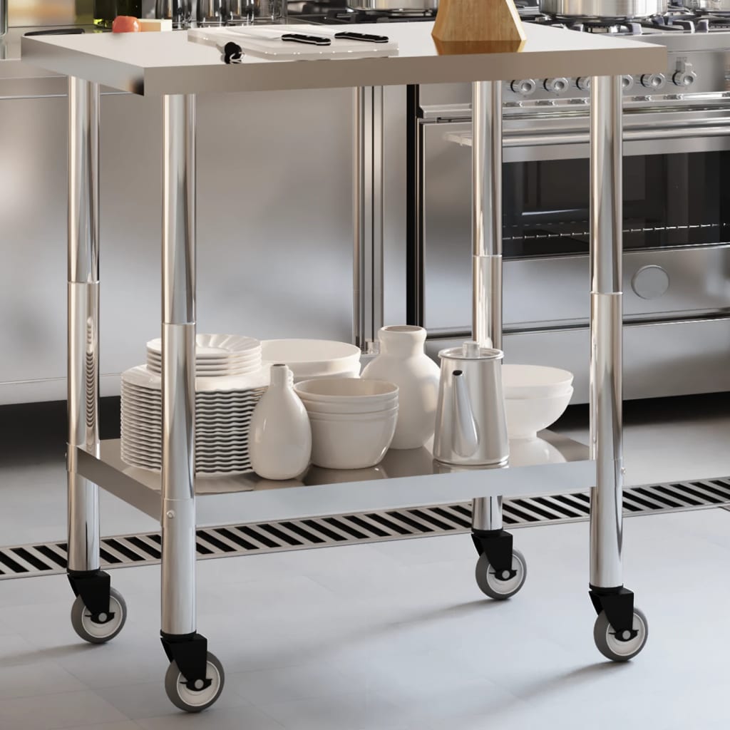 vidaXL Kitchen Work Table with Wheels 82.5x55x85 cm Stainless Steel