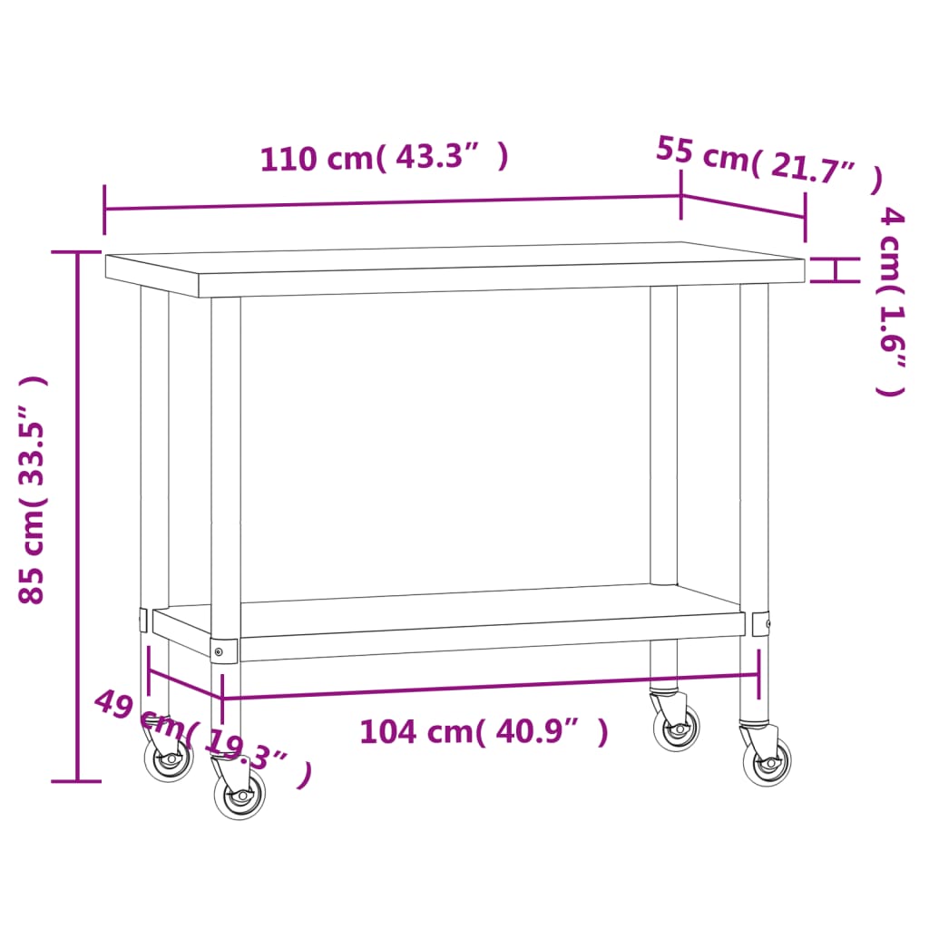 vidaXL Kitchen Work Table with Wheels 110x55x85 cm Stainless Steel