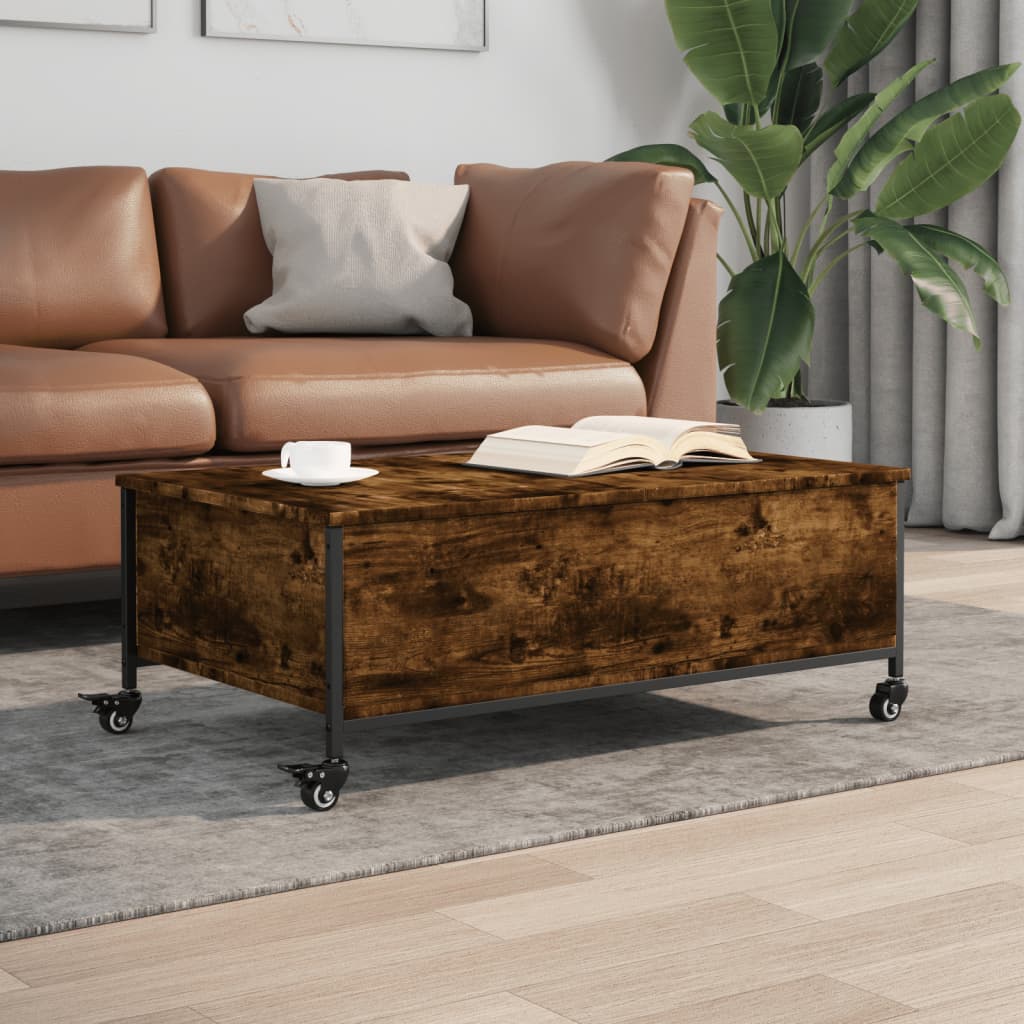 Coffee Table with Wheels Smoked Oak 91x55x34 cm Engineered Wood