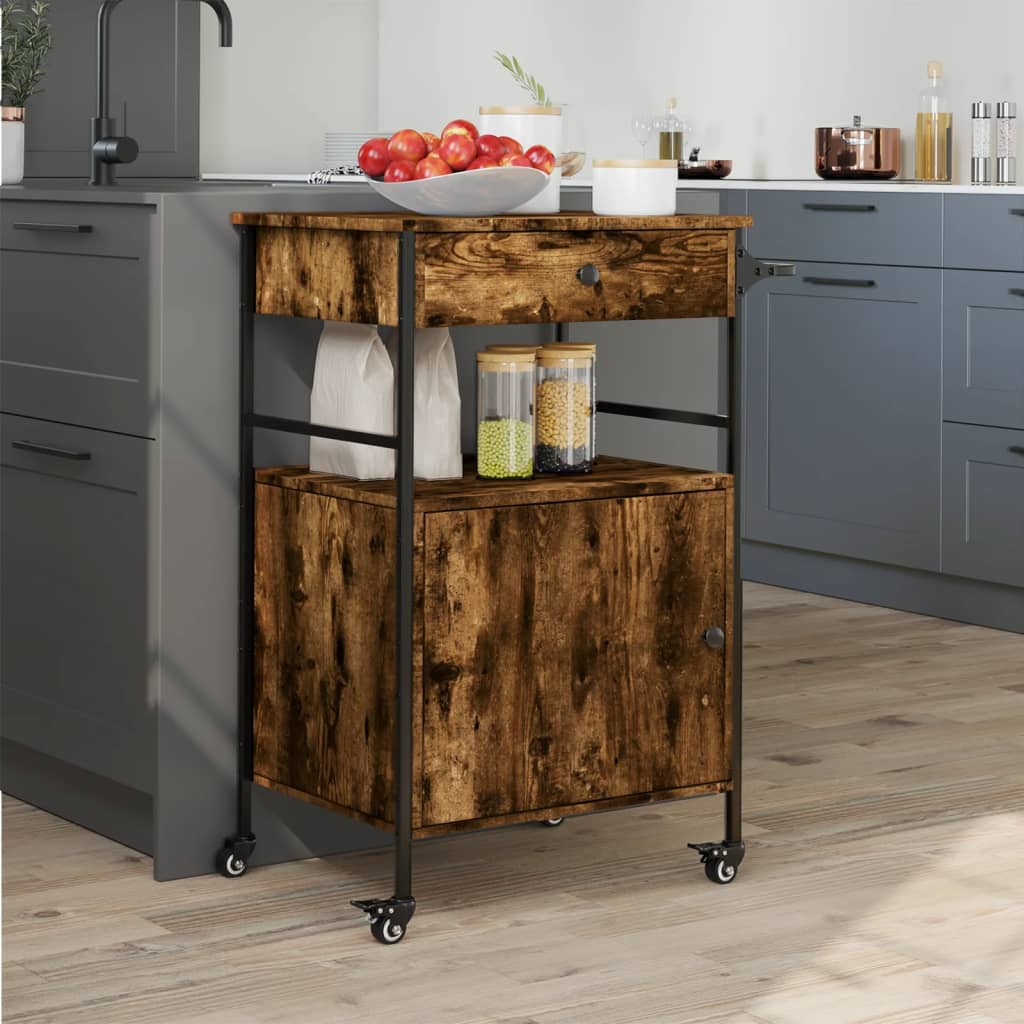 vidaXL Kitchen Trolley Smoked Oak 56x43x89.5 cm Engineered Wood