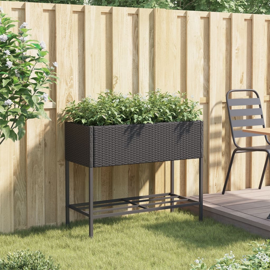 vidaXL Garden Planter with Shelf Black Poly Rattan