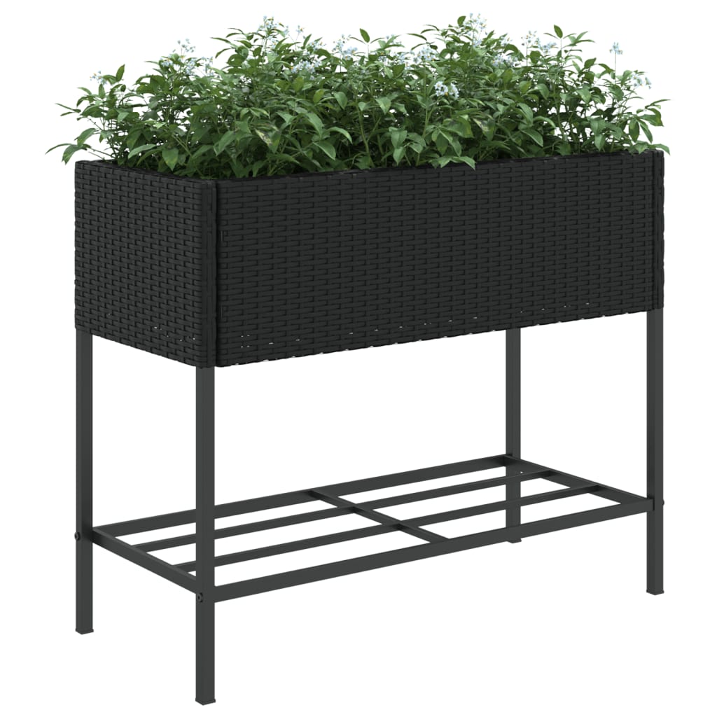 vidaXL Garden Planter with Shelf Black Poly Rattan