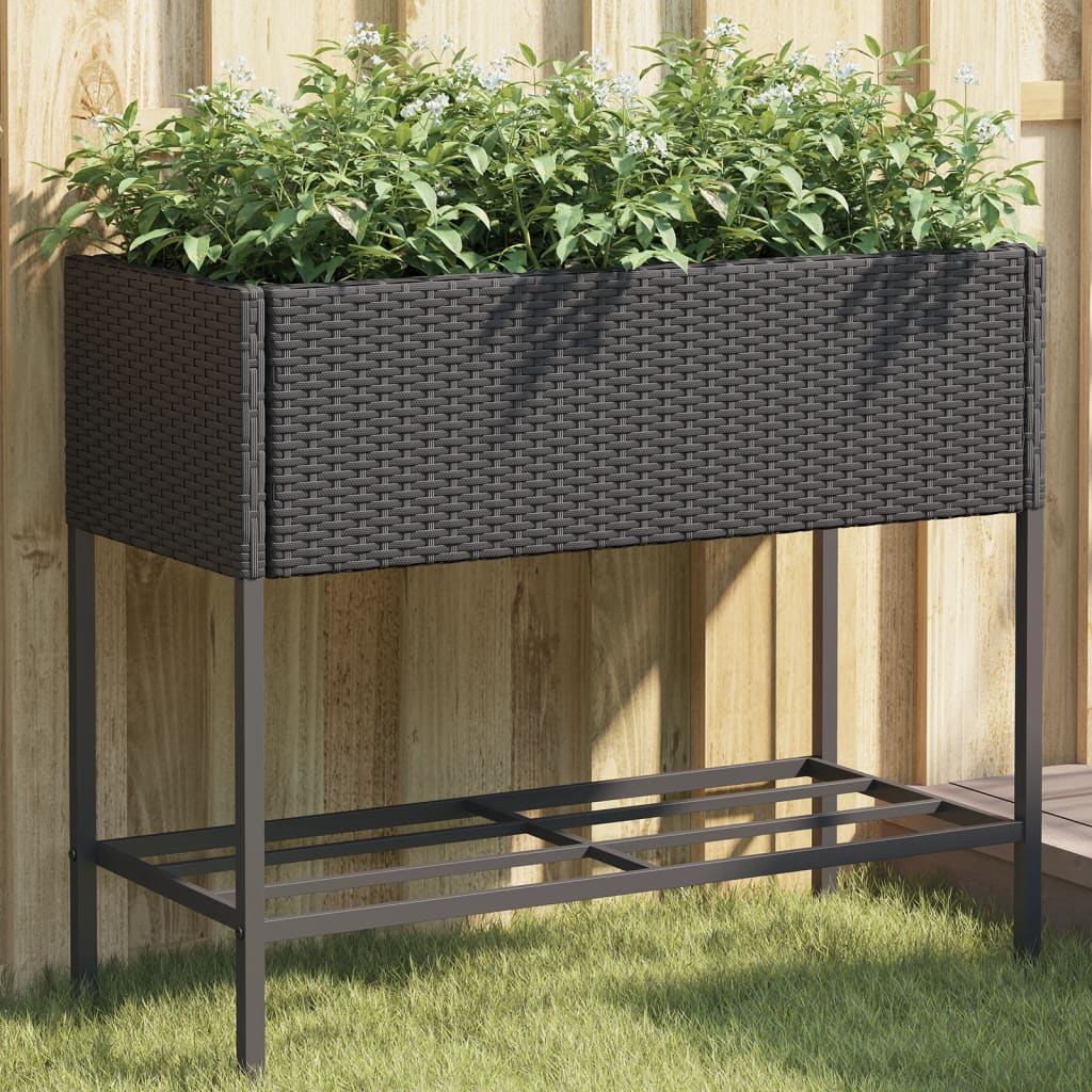 vidaXL Garden Planter with Shelf Black Poly Rattan