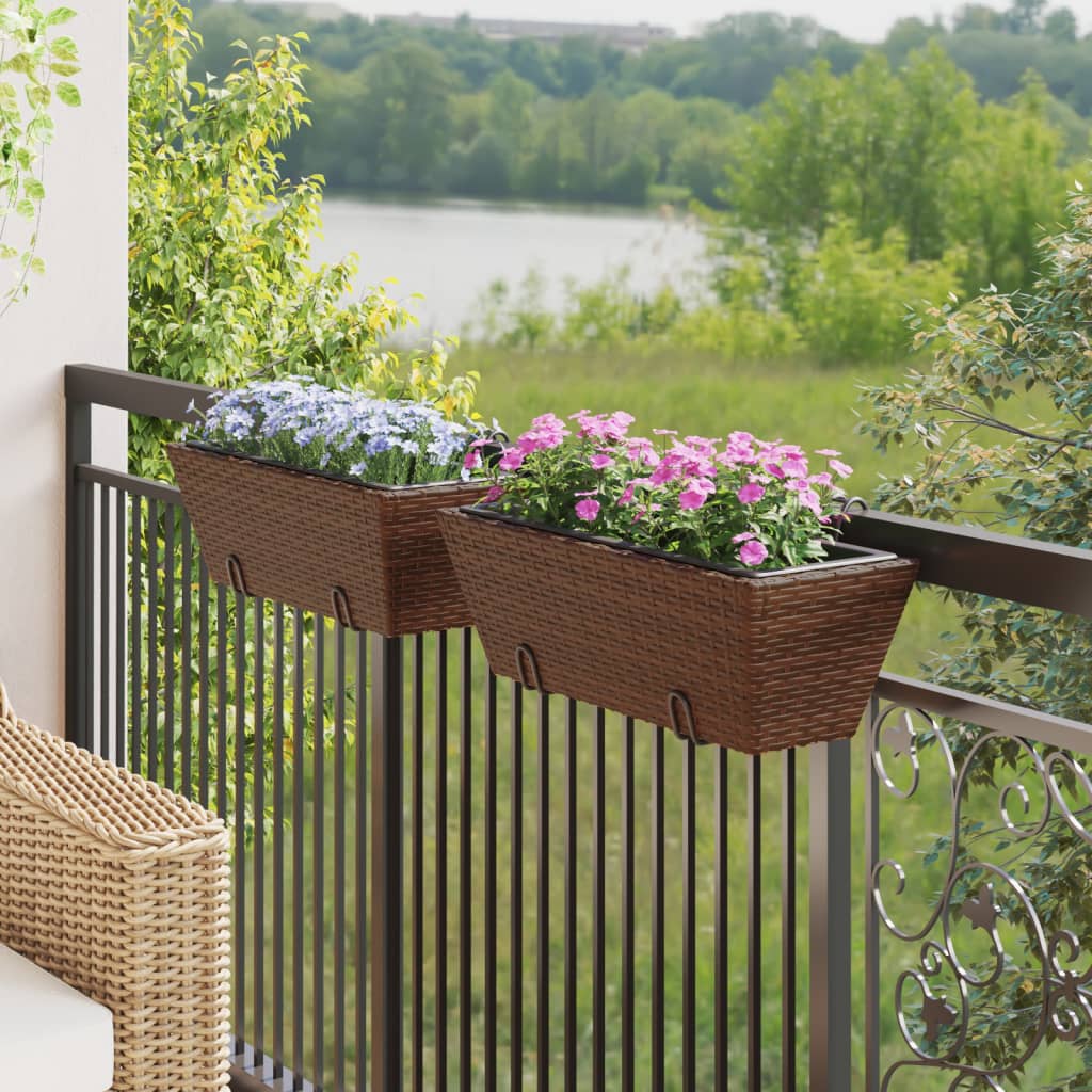 vidaXL Planters with hooks 2 pcs Brown Poly Rattan