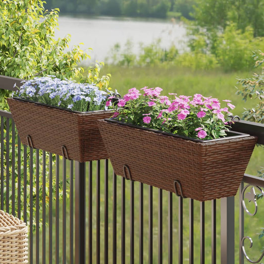 vidaXL Planters with hooks 2 pcs Brown Poly Rattan