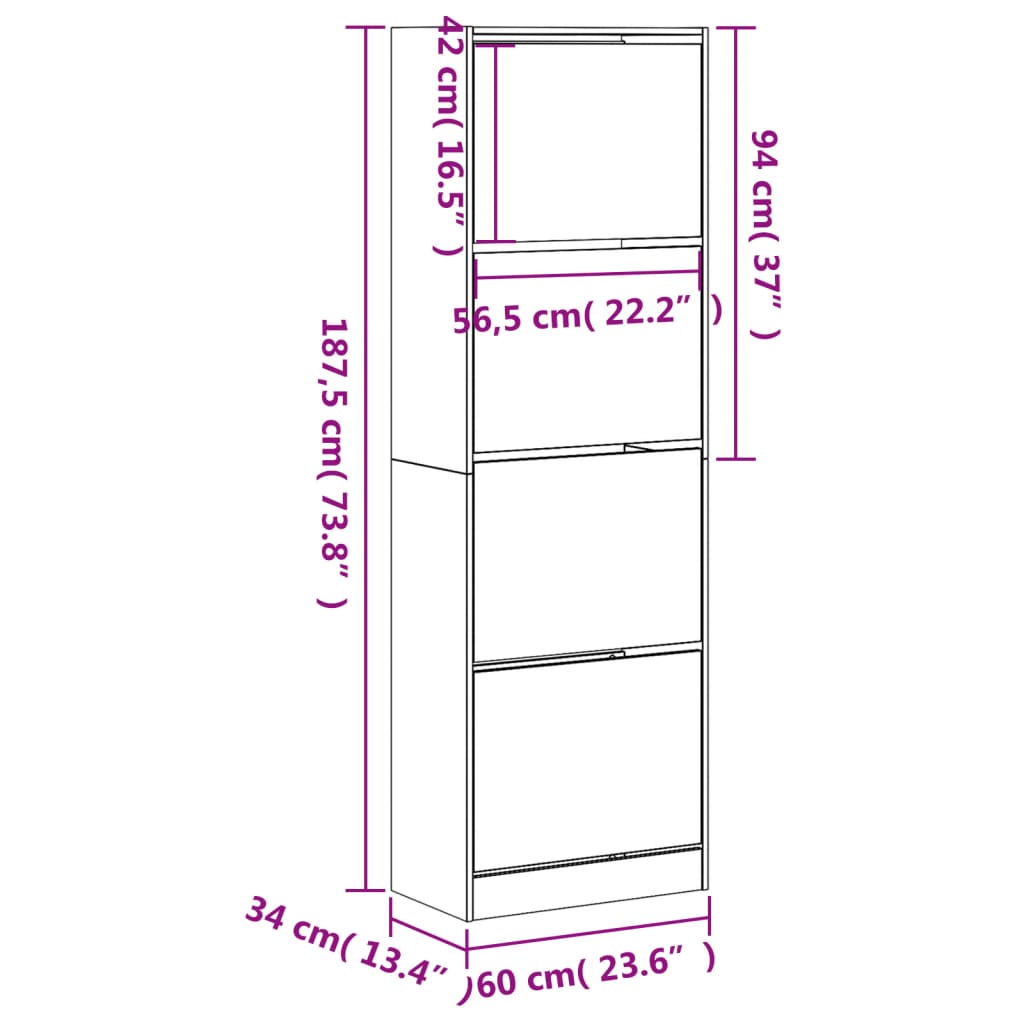 vidaXL Shoe Cabinet with 4 Flip-Drawers Concrete Grey 60x34x187.5 cm