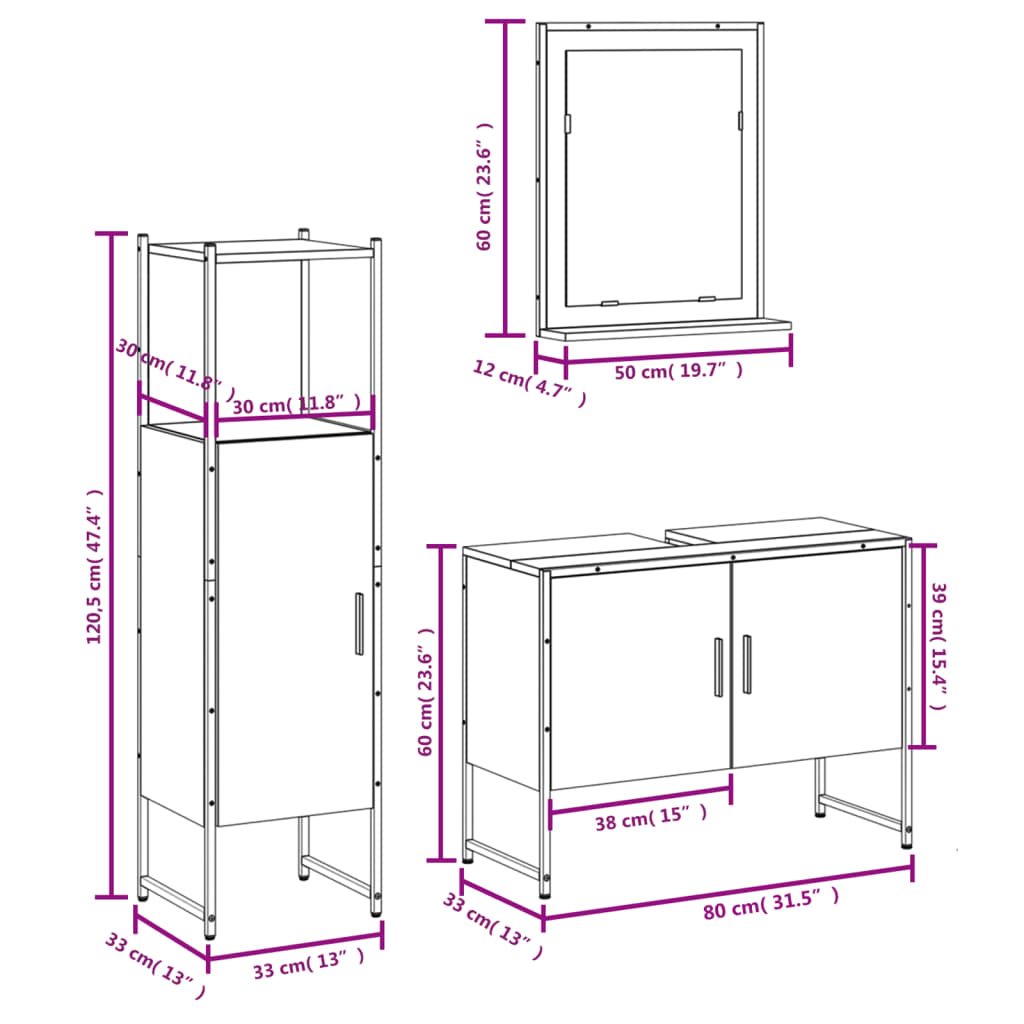 3 Piece Bathroom Cabinet Set Grey Sonoma Engineered Wood