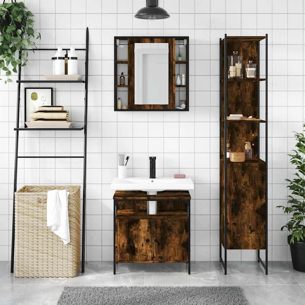 3 Piece Bathroom Cabinet Set Smoked Oak Engineered Wood