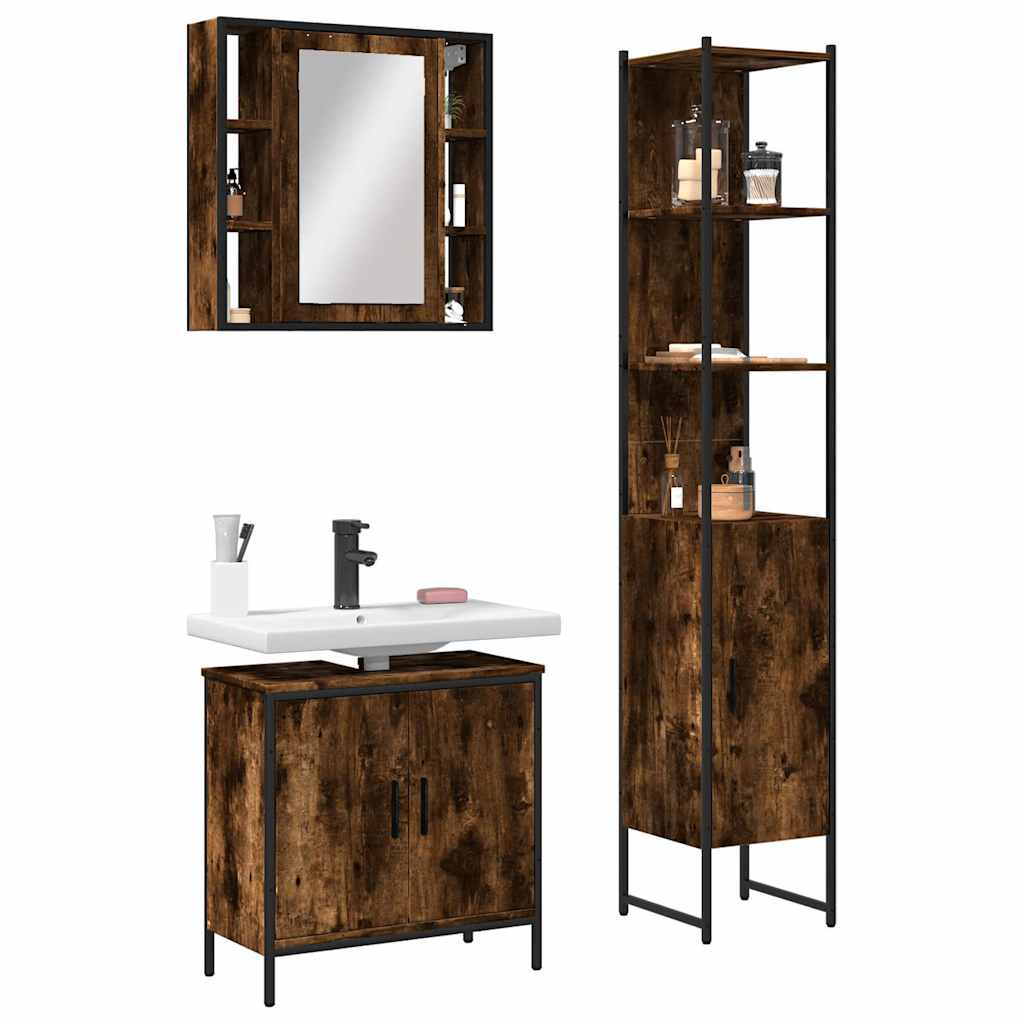 3 Piece Bathroom Cabinet Set Smoked Oak Engineered Wood