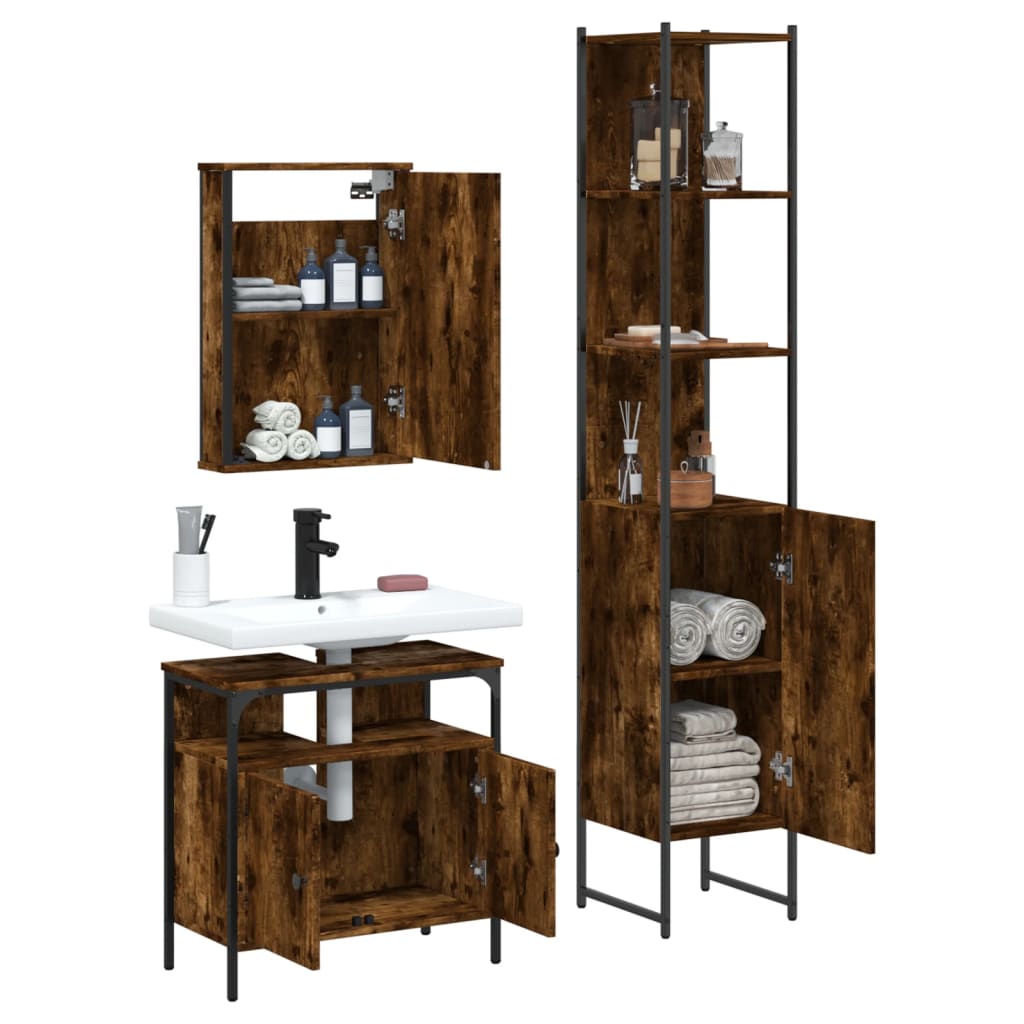 vidaXL 3 Piece Bathroom Furniture Set Smoked Oak Engineered Wood