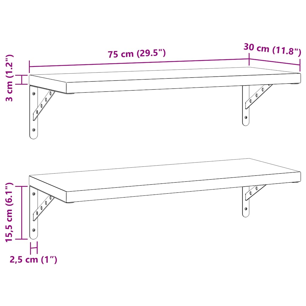 vidaXL Wall Shelves 2 pcs 75x30 cm Silver Stainless Steel