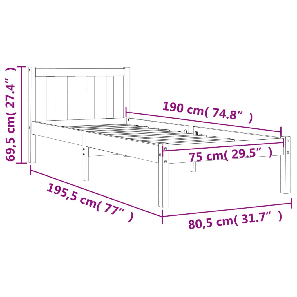 vidaXL Bed Frame without Mattress Wax Brown 75x190 cm Small Single Solid Wood Pine