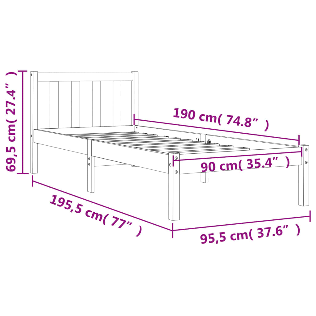 vidaXL Bed Frame without Mattress Wax Brown 90x190 cm Single Solid Wood Pine