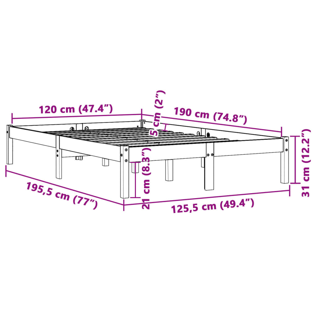 vidaXL Bed Frame without Mattress Wax Brown 120x190 cm Small Double Solid Wood Pine