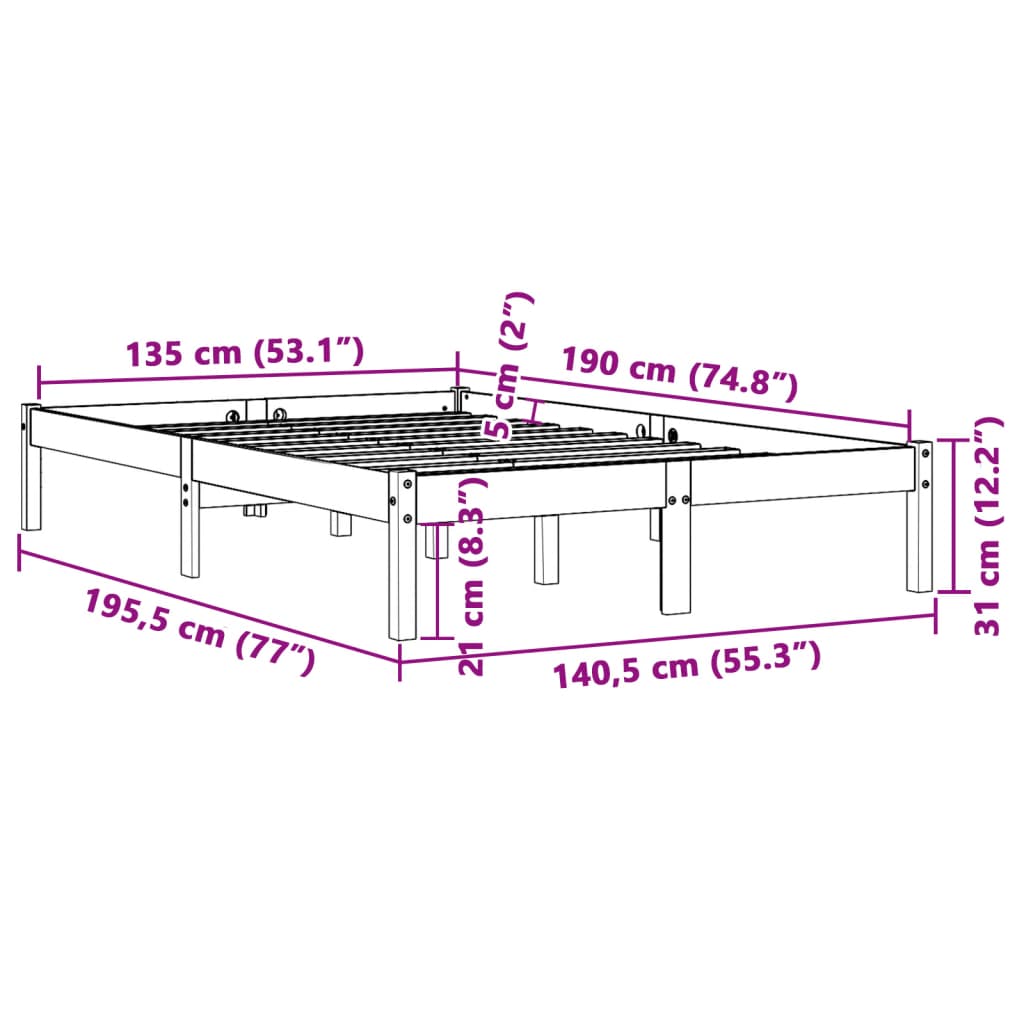 vidaXL Bed Frame without Mattress Wax Brown 135x190 cm Double Solid Wood Pine