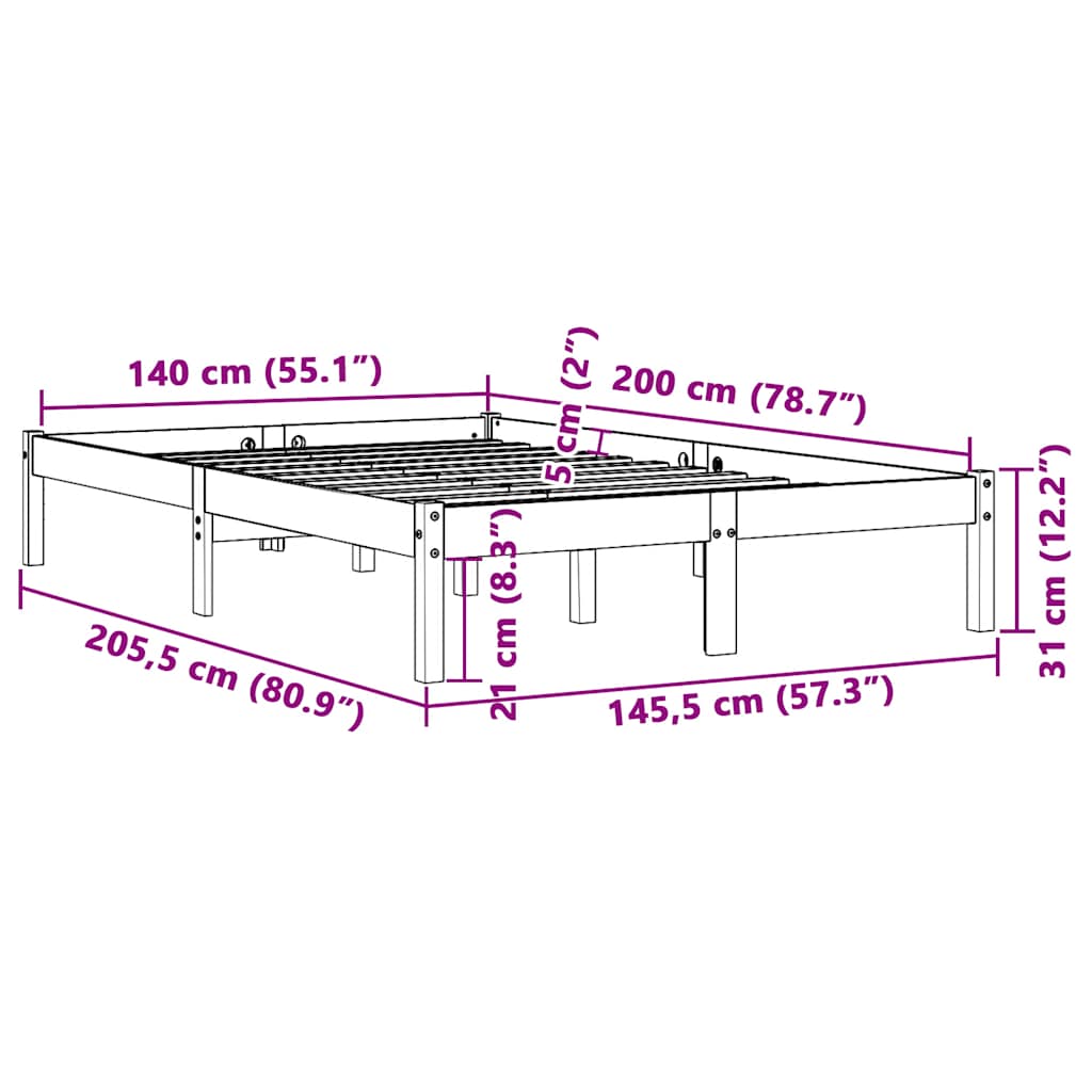 Bed Frame without Mattress Wax Brown 140x200 cm Solid Wood Pine