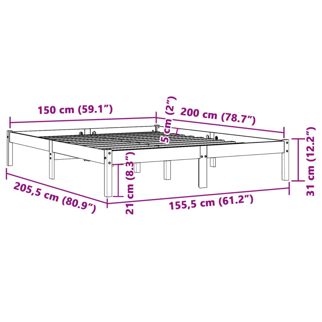 Bed Frame without Mattress Wax Brown 150x200 cm King Size Solid Wood Pine