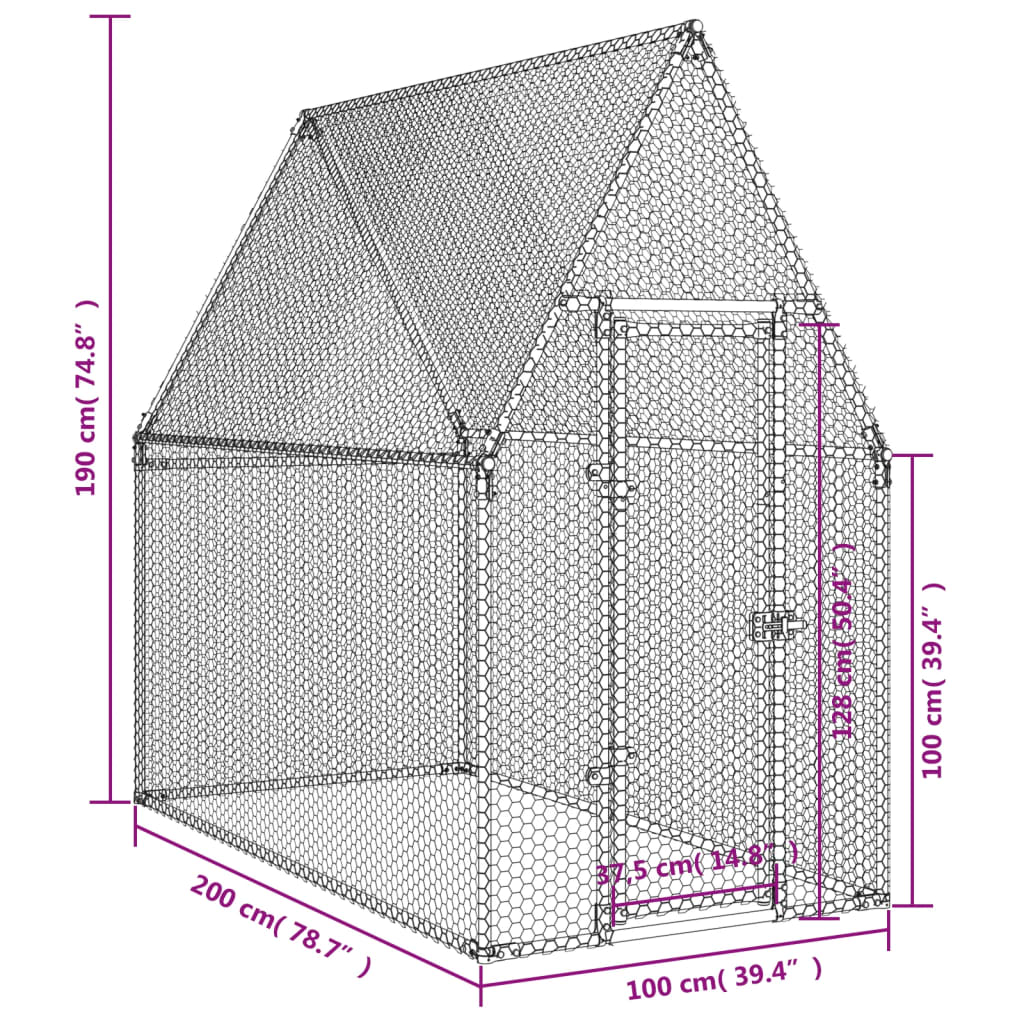 vidaXL Chicken Cage Silver 200x100x190 cm Galvanised Steel