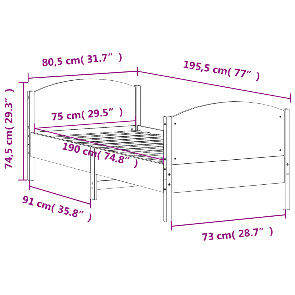 vidaXL Bed Frame without Mattress 75x190 cm Small Single Solid Wood Pine