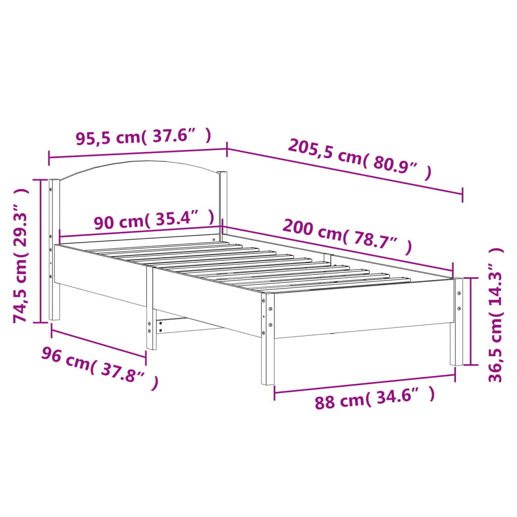 vidaXL Bed Frame without Mattress Wax Brown 90x200 cm Solid Wood Pine