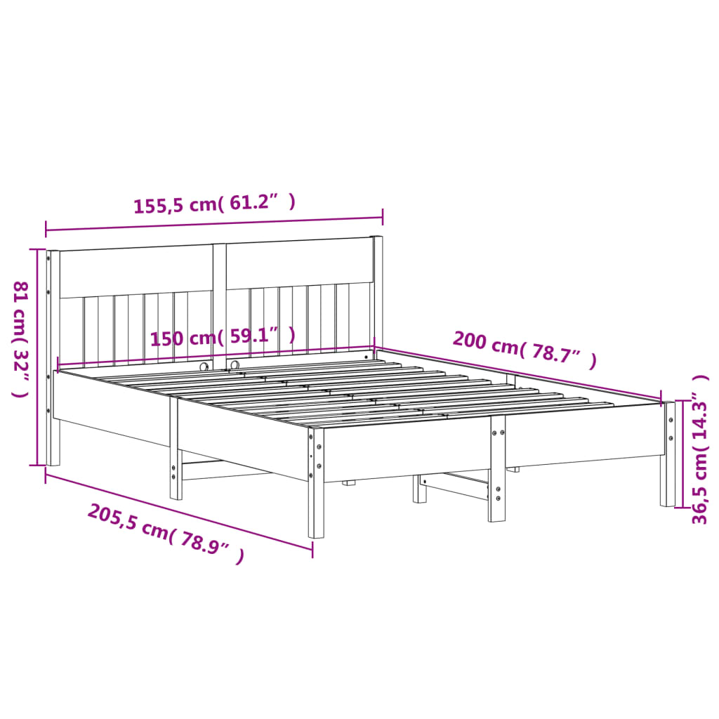 vidaXL Bed Frame without Mattress 150x200 cm King Size Solid Wood Pine