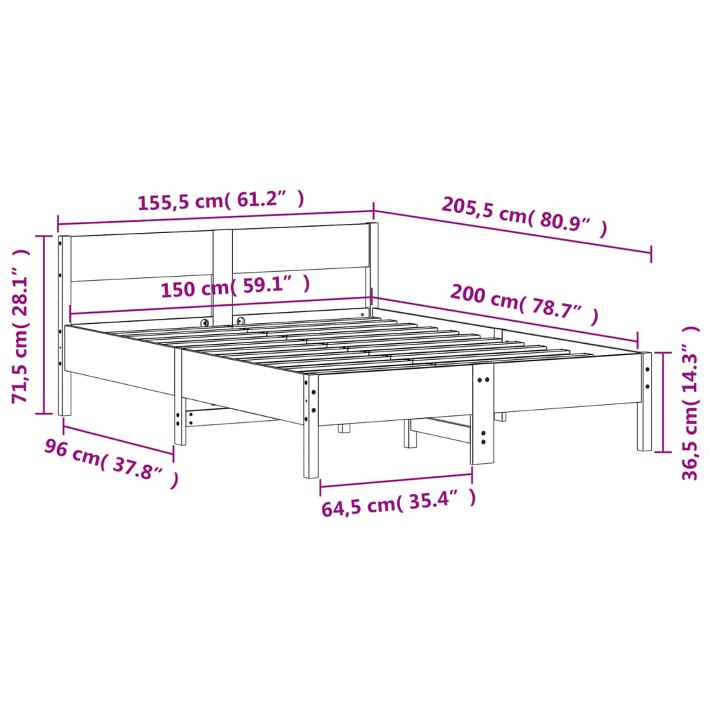 vidaXL Bed Frame without Mattress Wax Brown 150x200 cm King Size Solid Wood Pine