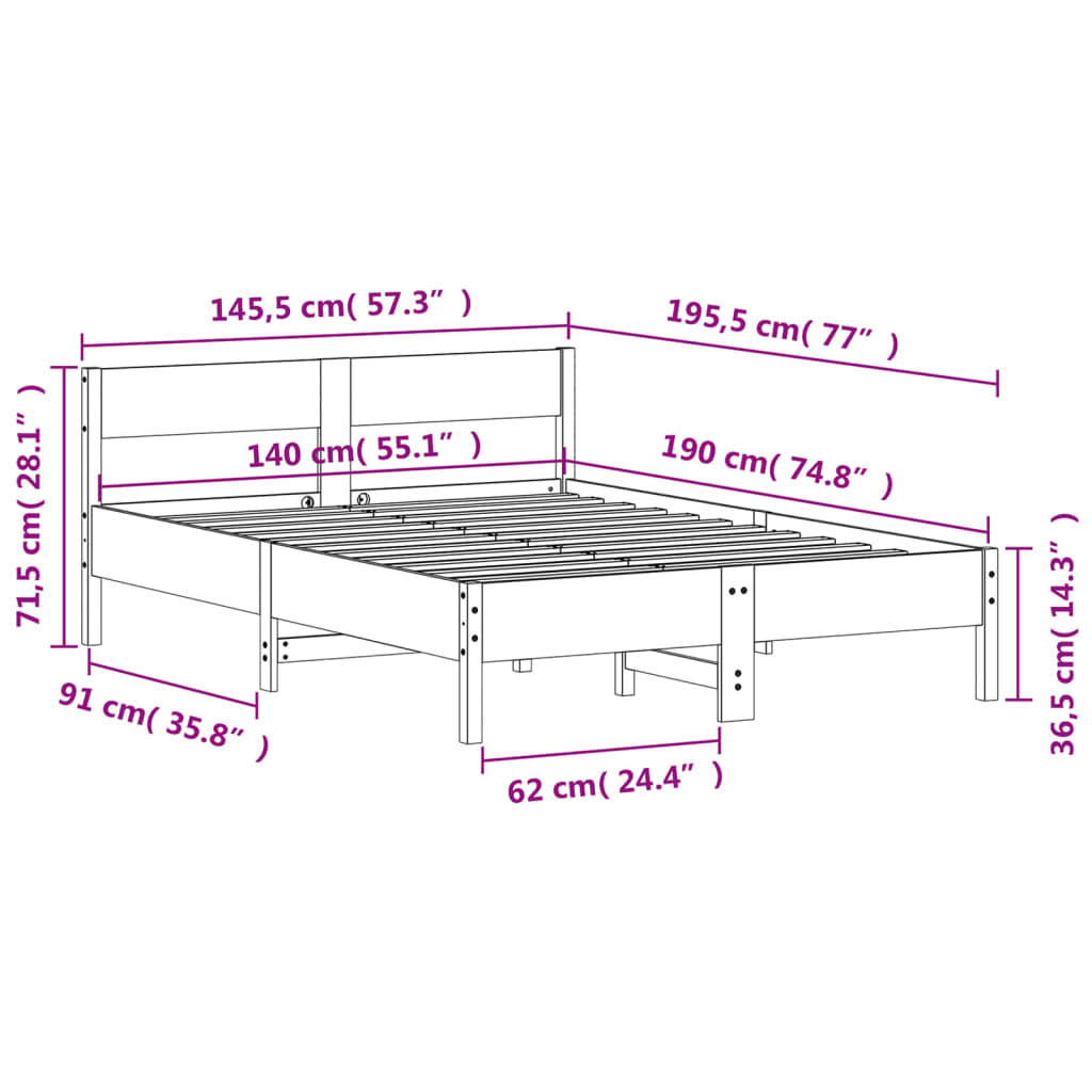 vidaXL Bed Frame without Mattress Wax Brown 140x190 cm Solid Wood Pine