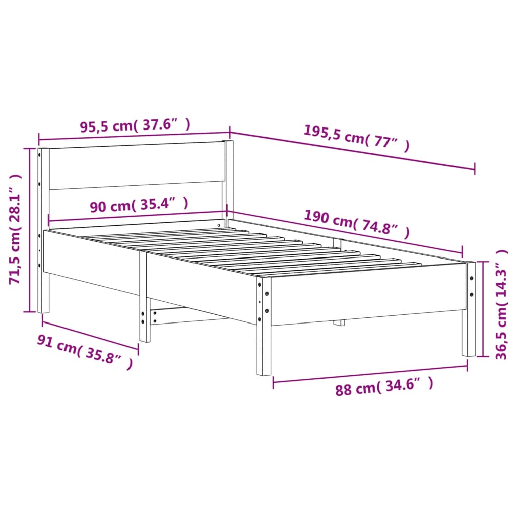 vidaXL Bed Frame without Mattress Wax Brown 90x190 cm Single Solid Wood Pine