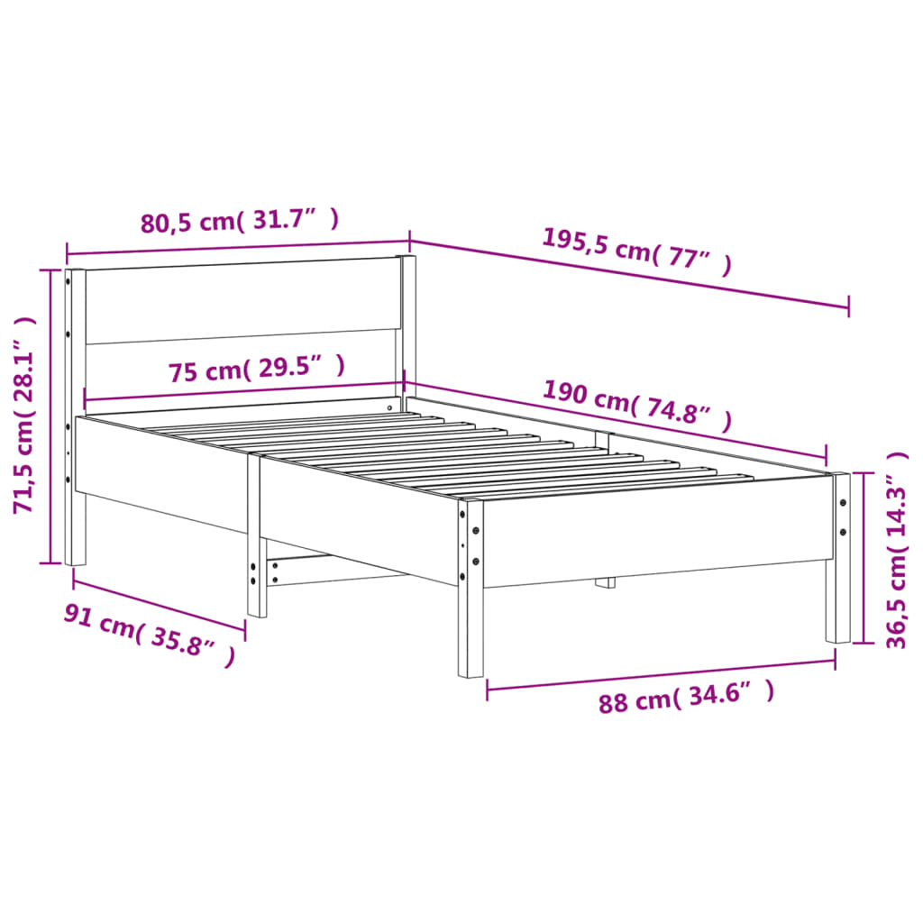 vidaXL Bed Frame without Mattress Wax Brown 75x190 cm Small Single Solid Wood Pine