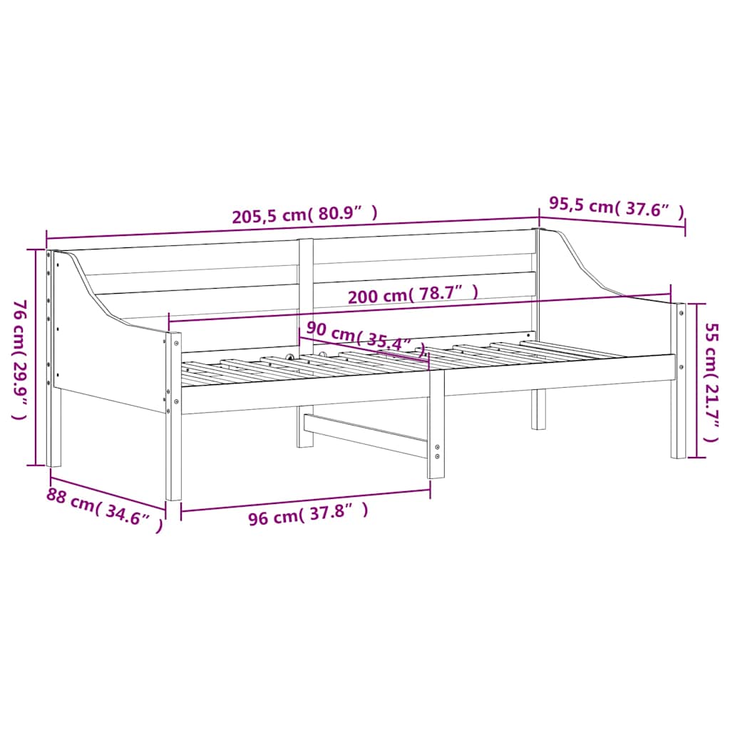 Day Bed without Mattress White 90x200 cm Solid Wood Pine
