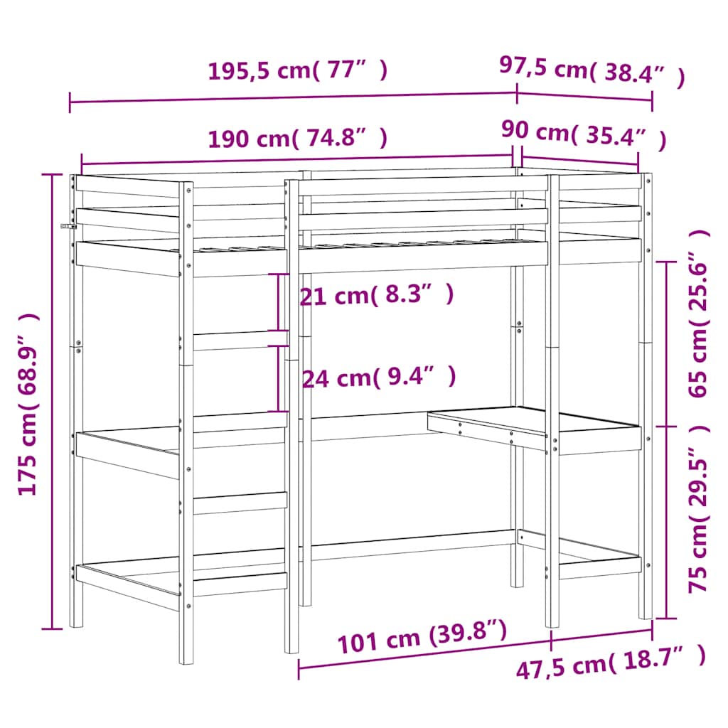 Loft Bed without Mattress White 90x190 cm Single Solid Wood Pine
