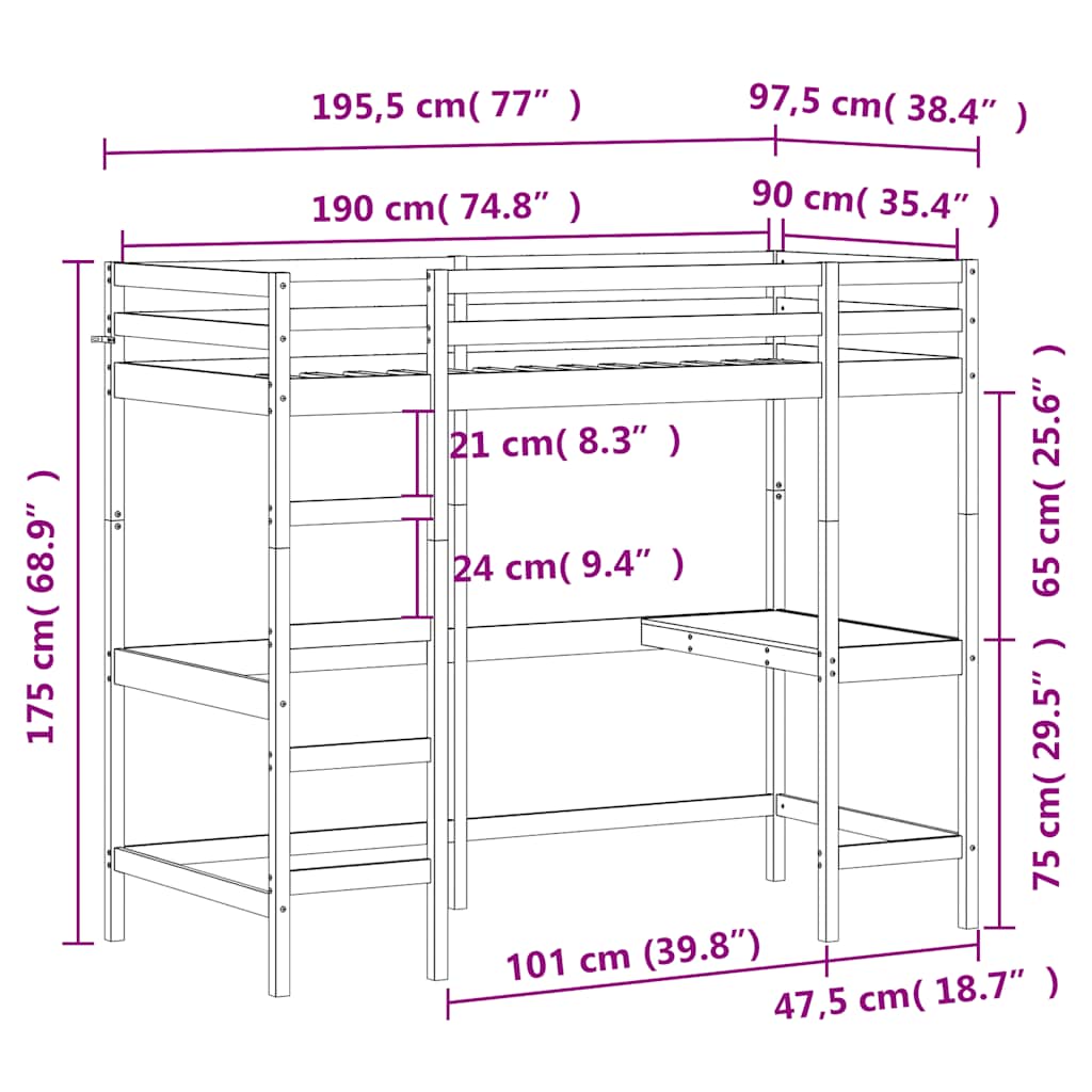 Loft Bed without Mattress Wax Brown 90x190 cm Single Solid Wood Pine