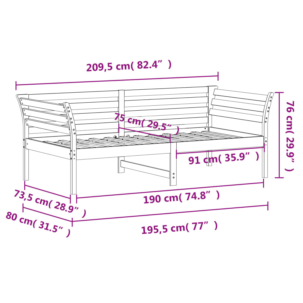 vidaXL Day Bed without Mattress 75x190 cm Small Single Solid Wood Pine