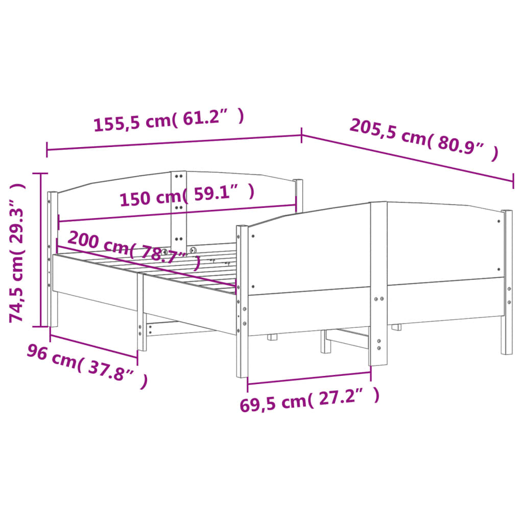 vidaXL Bed Frame without Mattress 150x200 cm King Size Solid Wood Pine