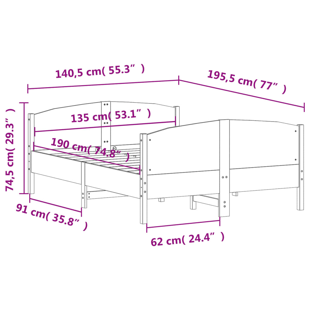 vidaXL Bed Frame without Mattress Wax Brown 135x190 cm Double Solid Wood Pine